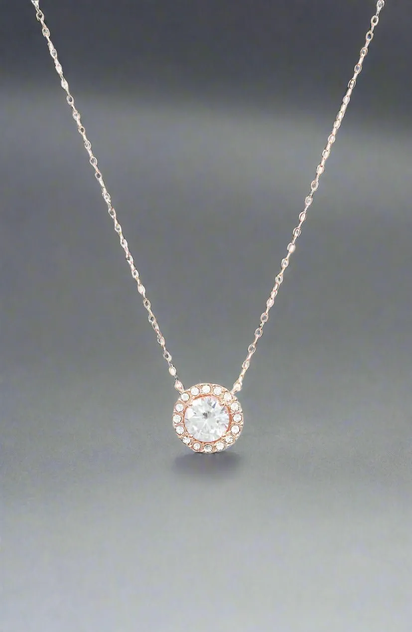 1.00 CT  Crystal Halo Disc Necklace 18" - 18K Rose Gold Plated