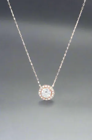 1.00 CT  Crystal Halo Disc Necklace 18" - 18K Rose Gold Plated