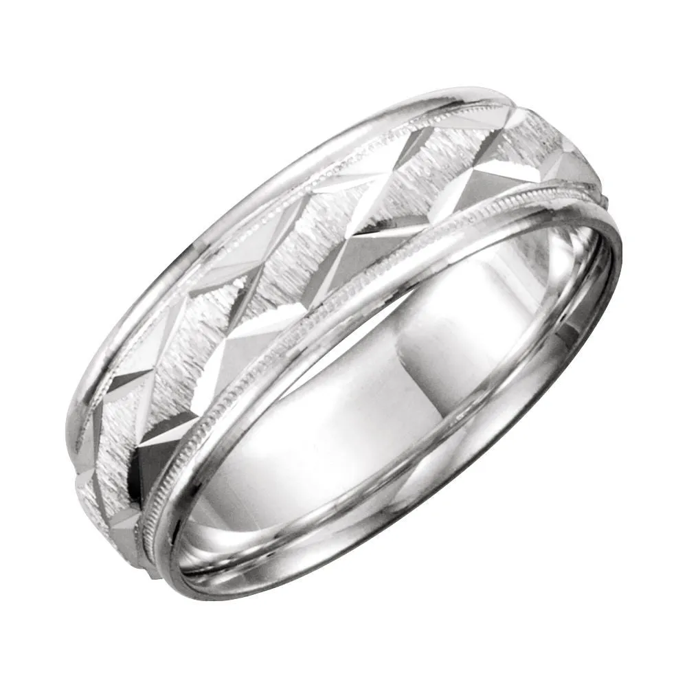 14k White Gold 7mm Comfort-Fit Patterned Band Size 7