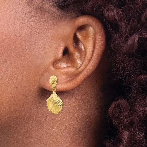 14KT Yellow Gold Textured Double Sea Shell Drop Earrings