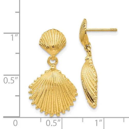 14KT Yellow Gold Textured Double Sea Shell Drop Earrings