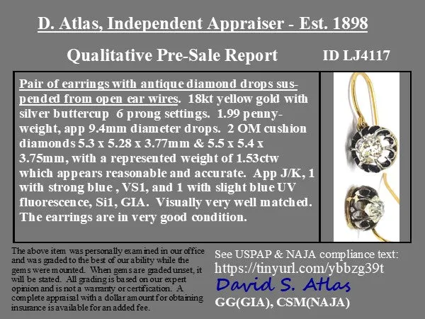 1.53ctw Antique Old Mine Cut Diamond Buttercup Drop Earrings