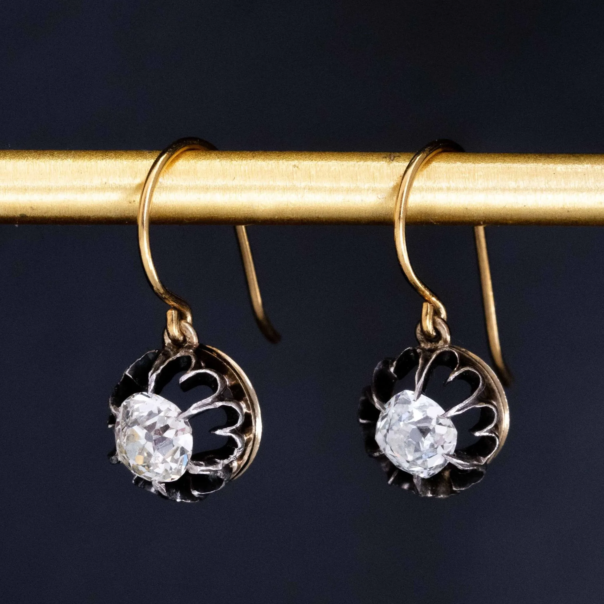 1.53ctw Antique Old Mine Cut Diamond Buttercup Drop Earrings