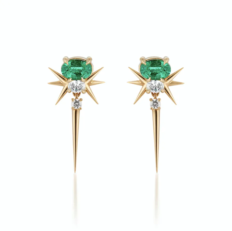 18ct Yellow Gold Muzo Emerald & Diamond Drop Earrings - Spike