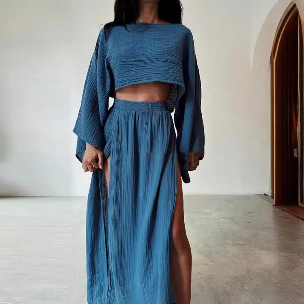 2 Pcs/Set Women Crop Top Skirt Set Long Sleeve Slant Neck Short Top High Waist Split Skirt Solid Color Club Party Top Skirts Set