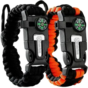 2pcs Paracord Bracelet - Adjustable Fire Starter, Loud Whistle