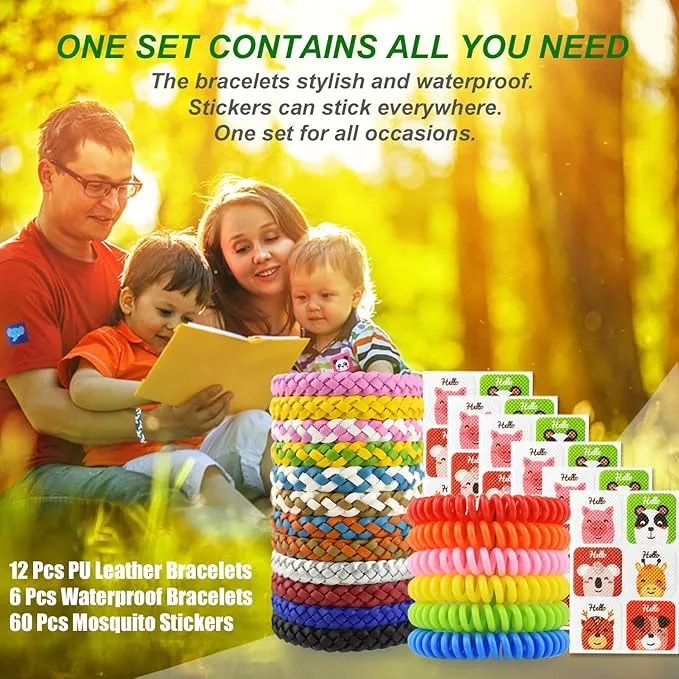 78 Pcs Set 12 Pack Leather Braid Natural Mosquito Repellent Bracelets   6 Pack Waterproof Bug Insect Wristbands with 60 Mosquito Patches Stickers for Kids Adult Outdoor Camping Fishing Traveling