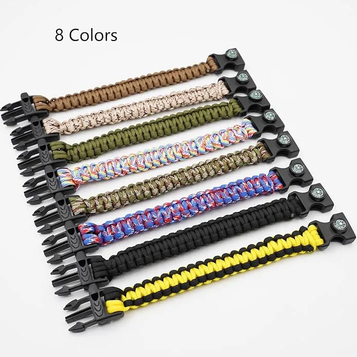 8 Pack 3in1 Emergency Survival Bracelet with Whistle and Compass,Survival Kit,Wild Camping Equipment Kit,Wildness Emergency Survival Kit for Camping,Outdoor Travel, Hiking, Emergency Survival Or First Aid.