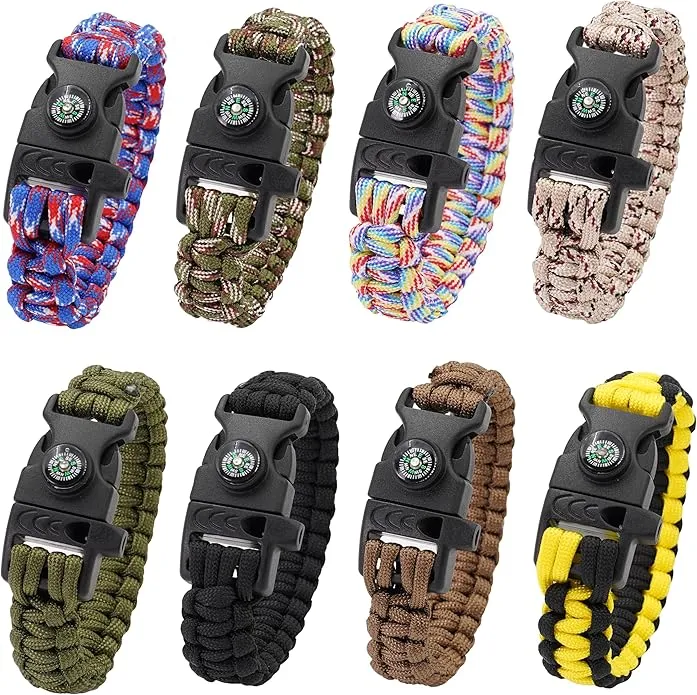 8 Pack 3in1 Emergency Survival Bracelet with Whistle and Compass,Survival Kit,Wild Camping Equipment Kit,Wildness Emergency Survival Kit for Camping,Outdoor Travel, Hiking, Emergency Survival Or First Aid.