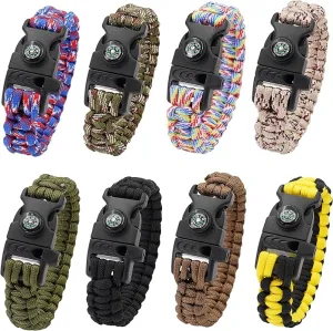 8 Pack 3in1 Emergency Survival Bracelet with Whistle and Compass,Survival Kit,Wild Camping Equipment Kit,Wildness Emergency Survival Kit for Camping,Outdoor Travel, Hiking, Emergency Survival Or First Aid.