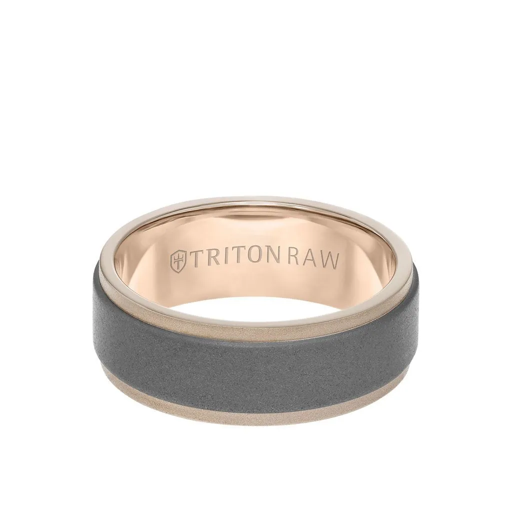 8MM Tungsten Raw   18K Matte Gold Ring - Sandblasted Center and Step Edge