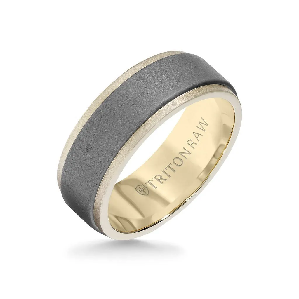 8MM Tungsten Raw   18K Matte Gold Ring - Sandblasted Center and Step Edge