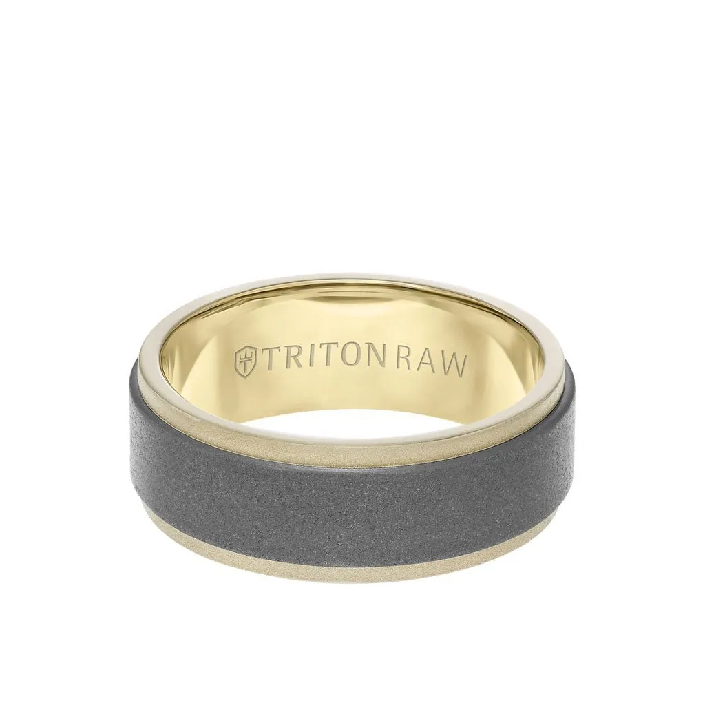 8MM Tungsten Raw   18K Matte Gold Ring - Sandblasted Center and Step Edge