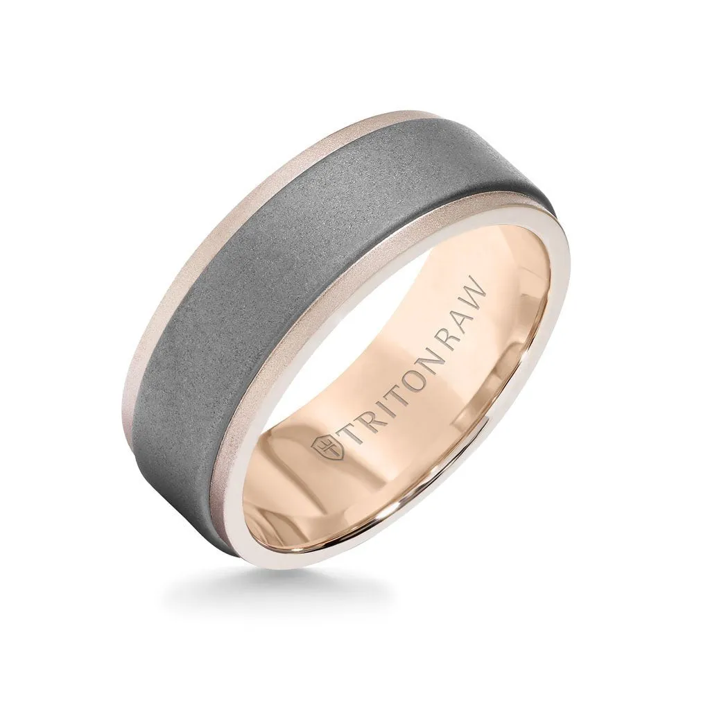 8MM Tungsten Raw   18K Matte Gold Ring - Sandblasted Center and Step Edge