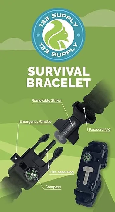 Adjustable Paracord Bracelet Compass Hiking Survival Whistle Loud, Emergency Fire Starter Kit, Camping Accessories Fishing Hunting EDC Backpacking Gear, Tactical Survival Gear and Equipment