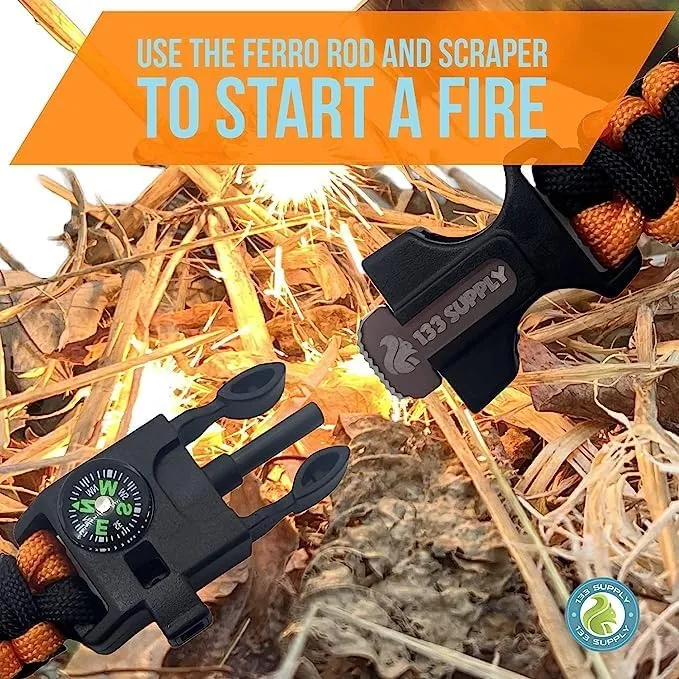 Adjustable Paracord Bracelet Compass Hiking Survival Whistle Loud, Emergency Fire Starter Kit, Camping Accessories Fishing Hunting EDC Backpacking Gear, Tactical Survival Gear and Equipment