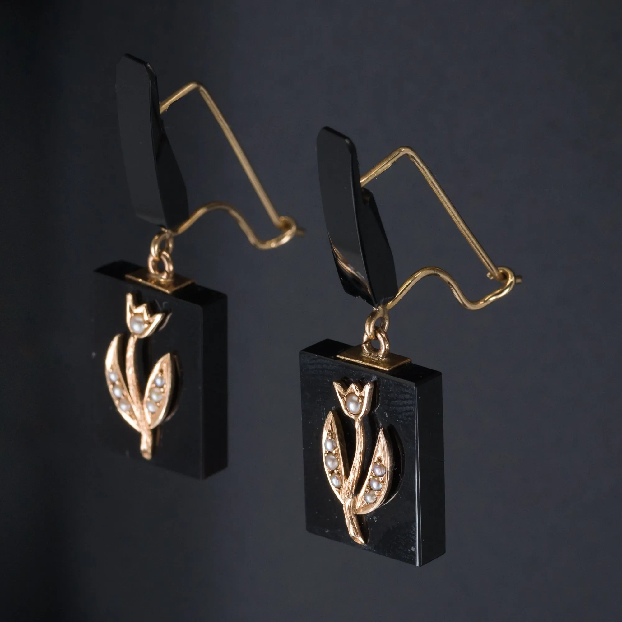 Antique Onyx & Pearl Flower Earrings | Antique Flower Earrings