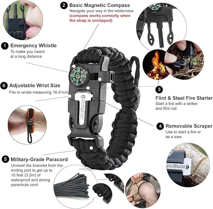aZengear Paracord Survival Bracelets (Pair) | Flint & Steel Fire Starter, Whistle, Compass, Mini Saw | Adjustable Band Size for Camping, Bushcraft, Emergency Kit (Black & Orange (Pair))
