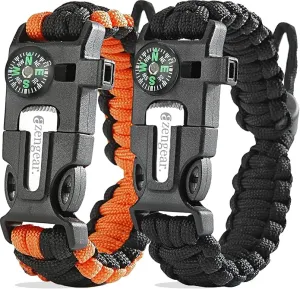 aZengear Paracord Survival Bracelets (Pair) | Flint & Steel Fire Starter, Whistle, Compass, Mini Saw | Adjustable Band Size for Camping, Bushcraft, Emergency Kit (Black & Orange (Pair))
