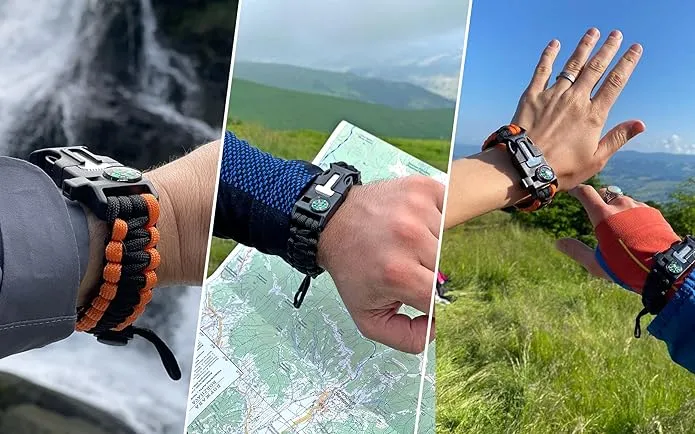 aZengear Paracord Survival Bracelets (Pair) | Flint & Steel Fire Starter, Whistle, Compass, Mini Saw | Adjustable Band Size for Camping, Bushcraft, Emergency Kit (Black & Orange (Pair))