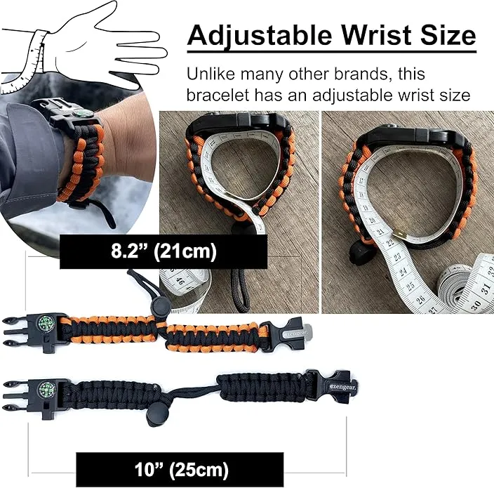 aZengear Paracord Survival Bracelets (Pair) | Flint & Steel Fire Starter, Whistle, Compass, Mini Saw | Adjustable Band Size for Camping, Bushcraft, Emergency Kit (Black & Orange (Pair))
