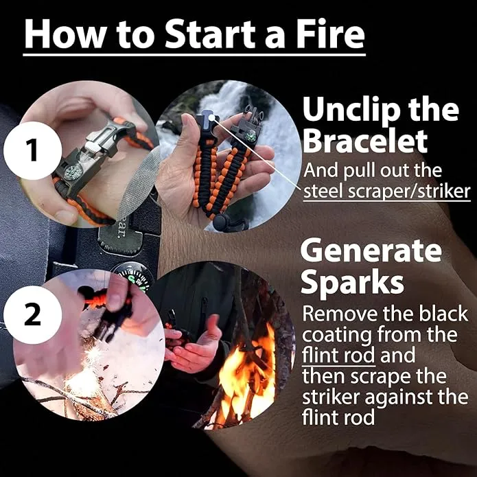 aZengear Paracord Survival Bracelets (Pair) | Flint & Steel Fire Starter, Whistle, Compass, Mini Saw | Adjustable Band Size for Camping, Bushcraft, Emergency Kit (Black & Orange (Pair))