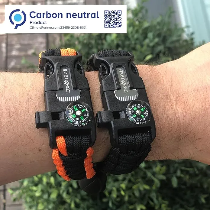 aZengear Paracord Survival Bracelets (Pair) | Flint & Steel Fire Starter, Whistle, Compass, Mini Saw | Adjustable Band Size for Camping, Bushcraft, Emergency Kit (Black & Orange (Pair))