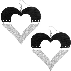 Black Silver Wooden Linked Heart Glitter Earrings