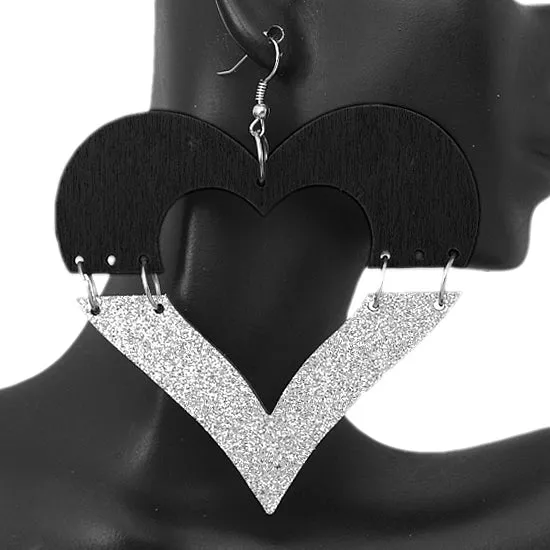 Black Silver Wooden Linked Heart Glitter Earrings