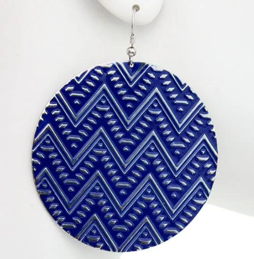 Blue Zig Zag Chevron Textured Drop Earrings