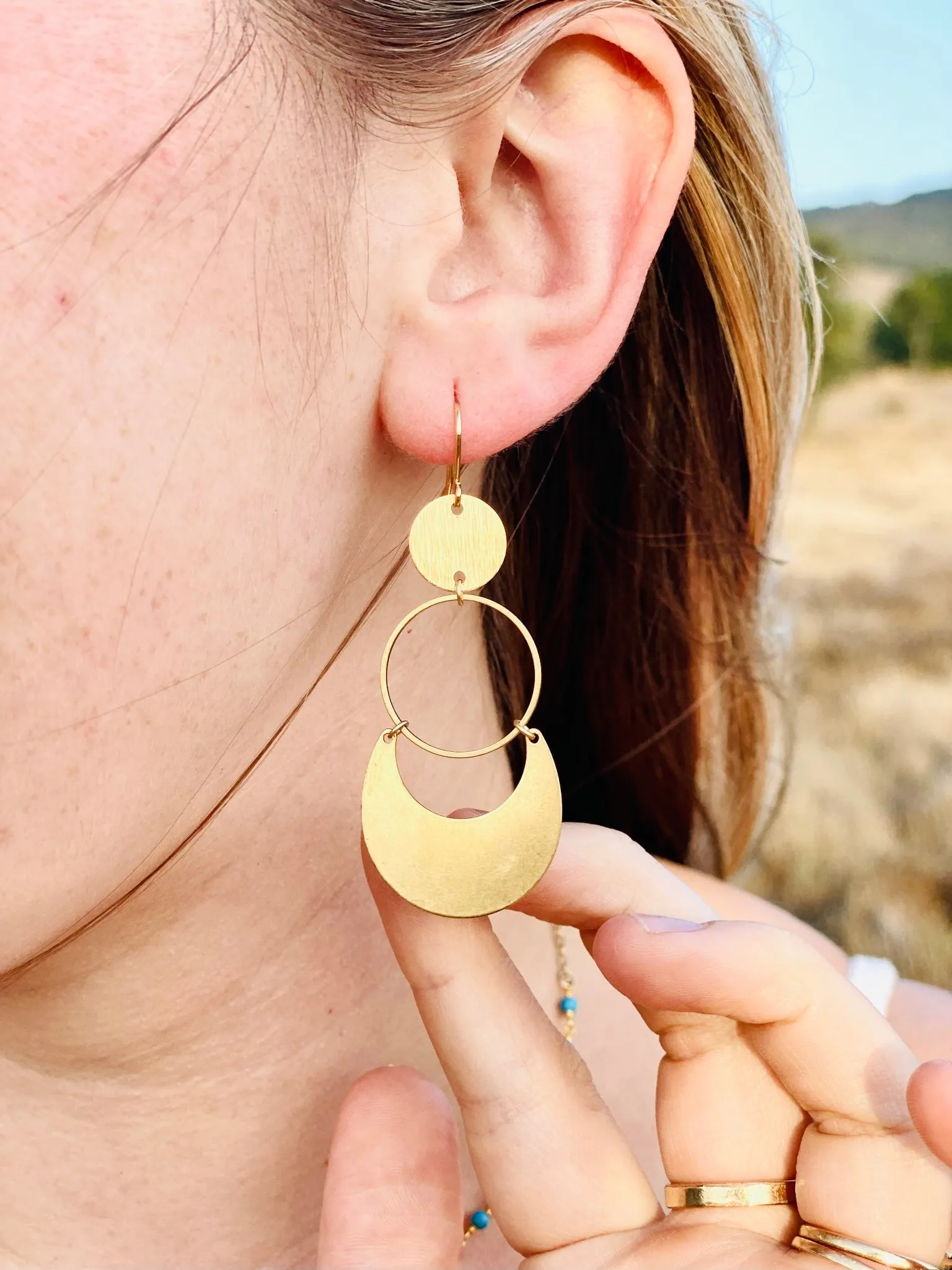 Brass Lune Drop Hoops