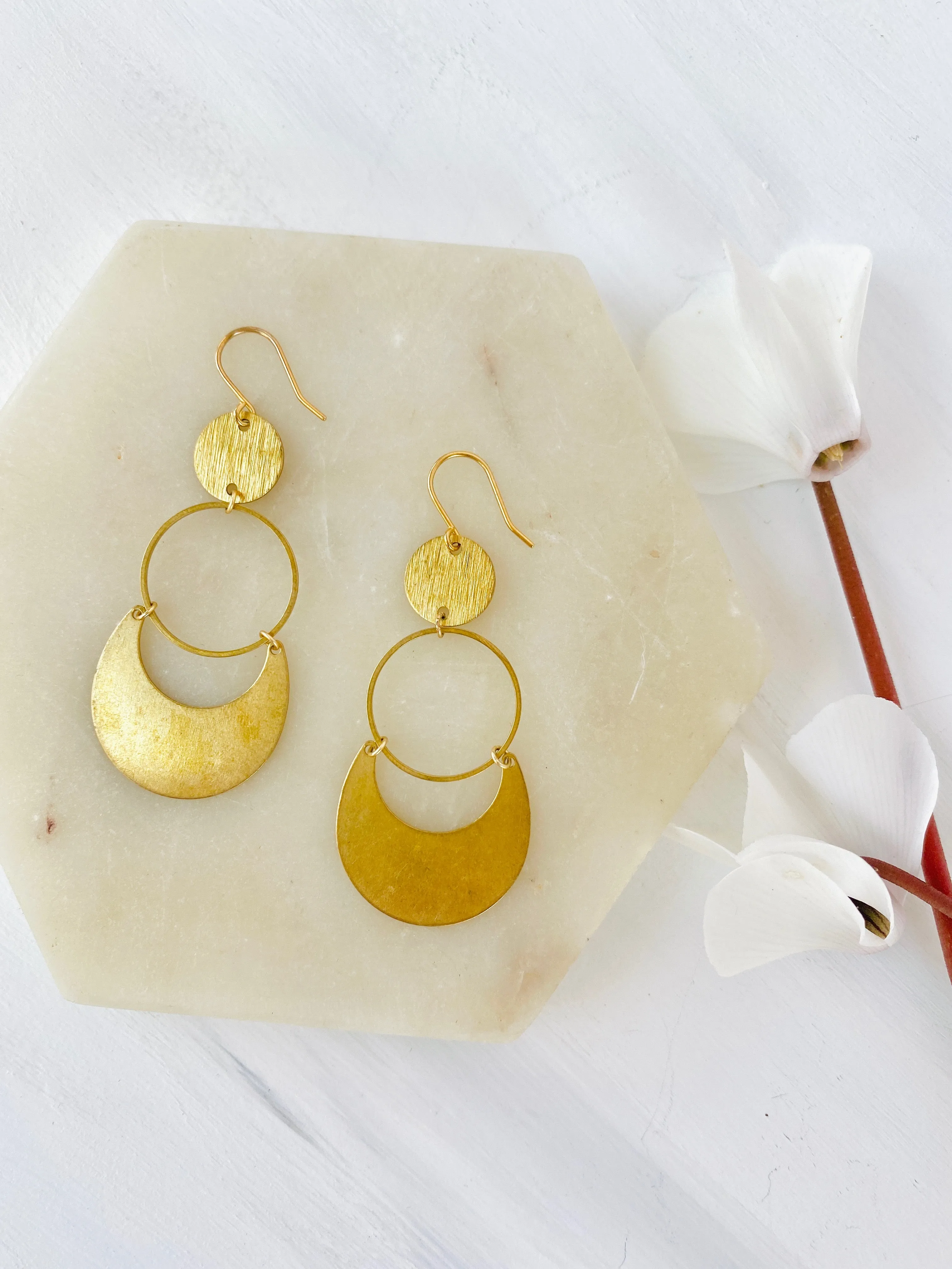 Brass Lune Drop Hoops