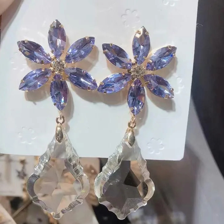Crystal Purple Flower Water Drop Statement Earrings