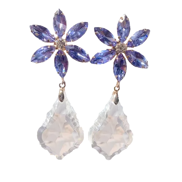 Crystal Purple Flower Water Drop Statement Earrings
