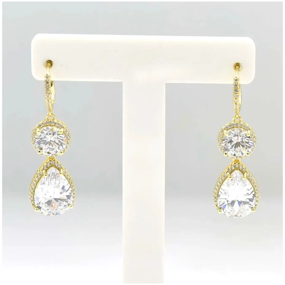 CZ Diamond Pear Shaped Halo Drop Earrings