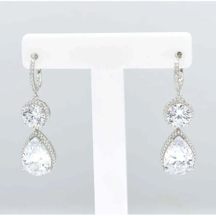 CZ Diamond Pear Shaped Halo Drop Earrings