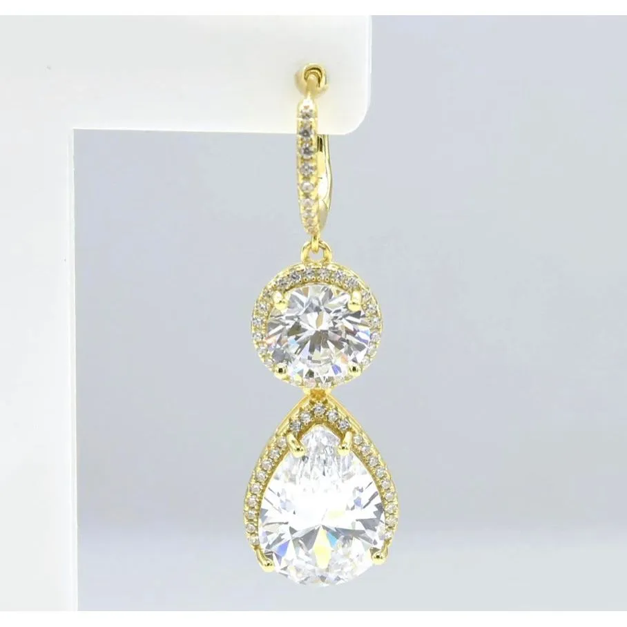 CZ Diamond Pear Shaped Halo Drop Earrings