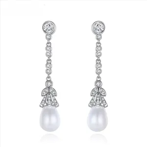 Drop CZ - Pearl Wedding Stud Earrings - Silver
