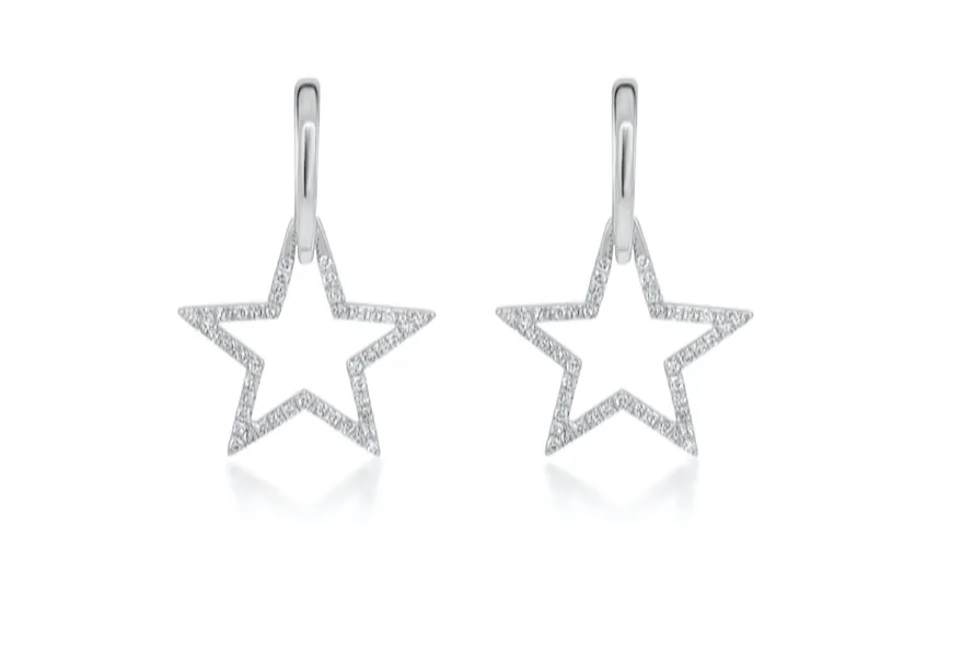 Earrings 14k White Gold Huggies Star & Diamonds Drop