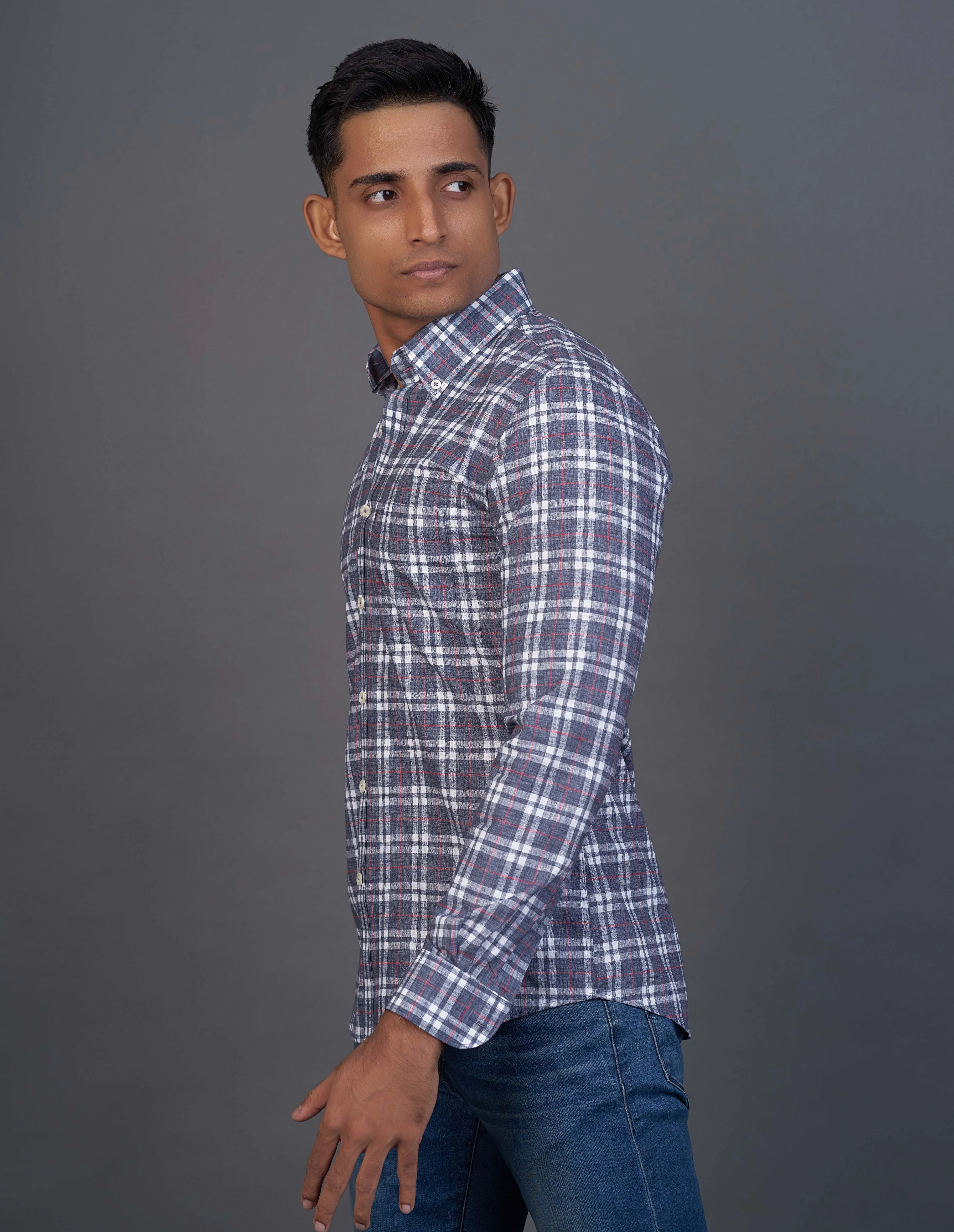 Emerald Active Checks Slim Fit-Patriat Blue