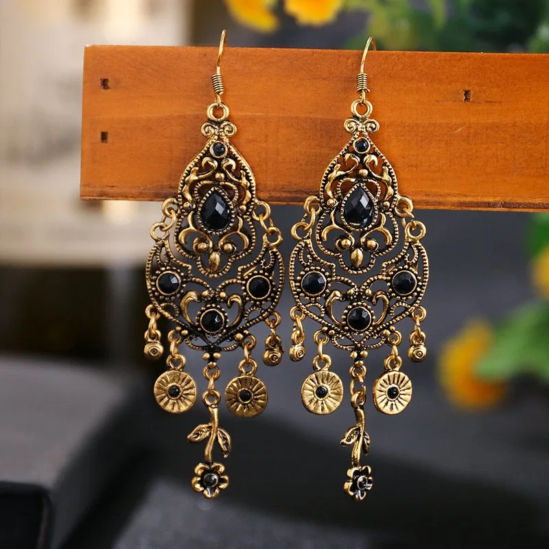 Ethnic Carved Long Earrings Women Hollow Flower Wedding Jewelry