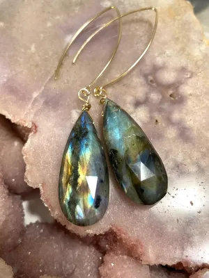 Gold Labradorite Dangle Drop Crystal Earrings