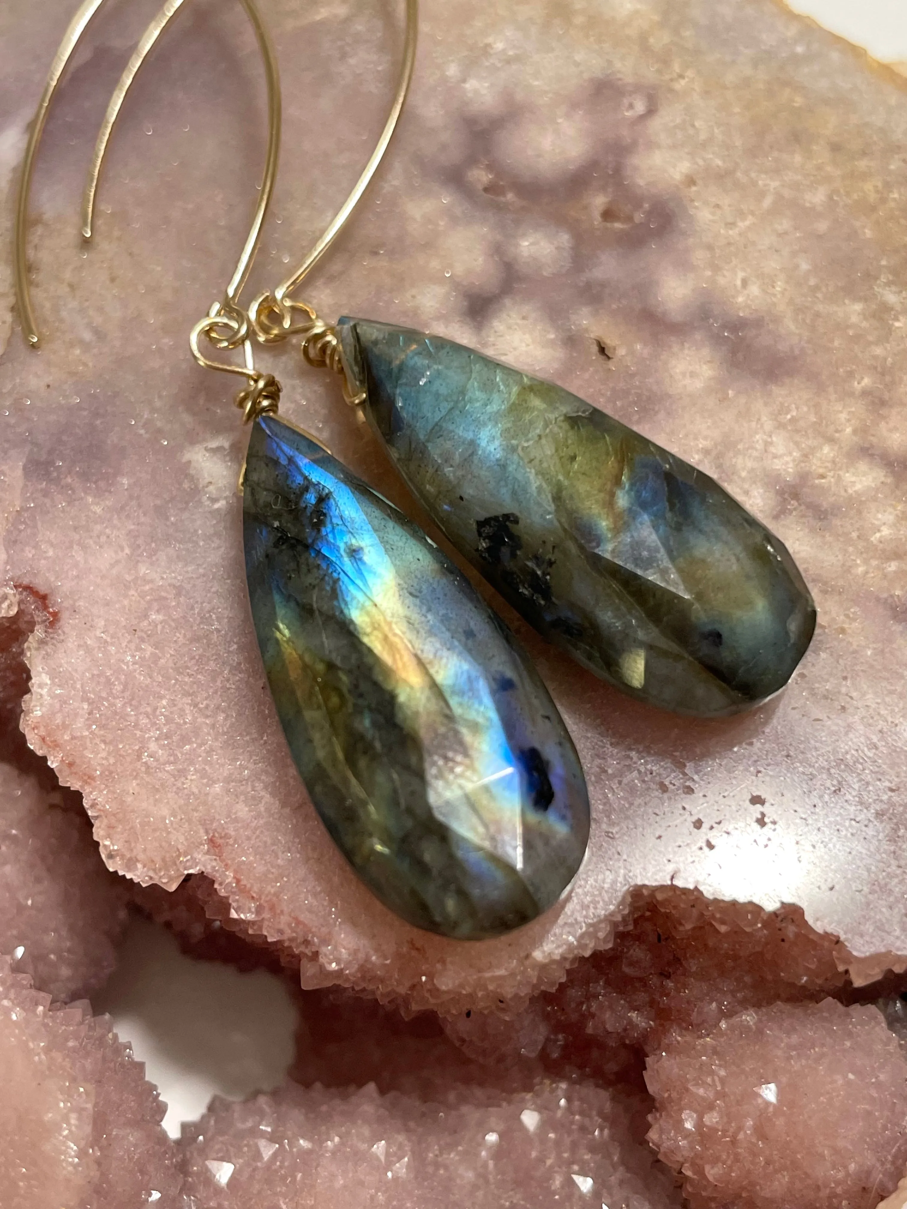 Gold Labradorite Dangle Drop Crystal Earrings