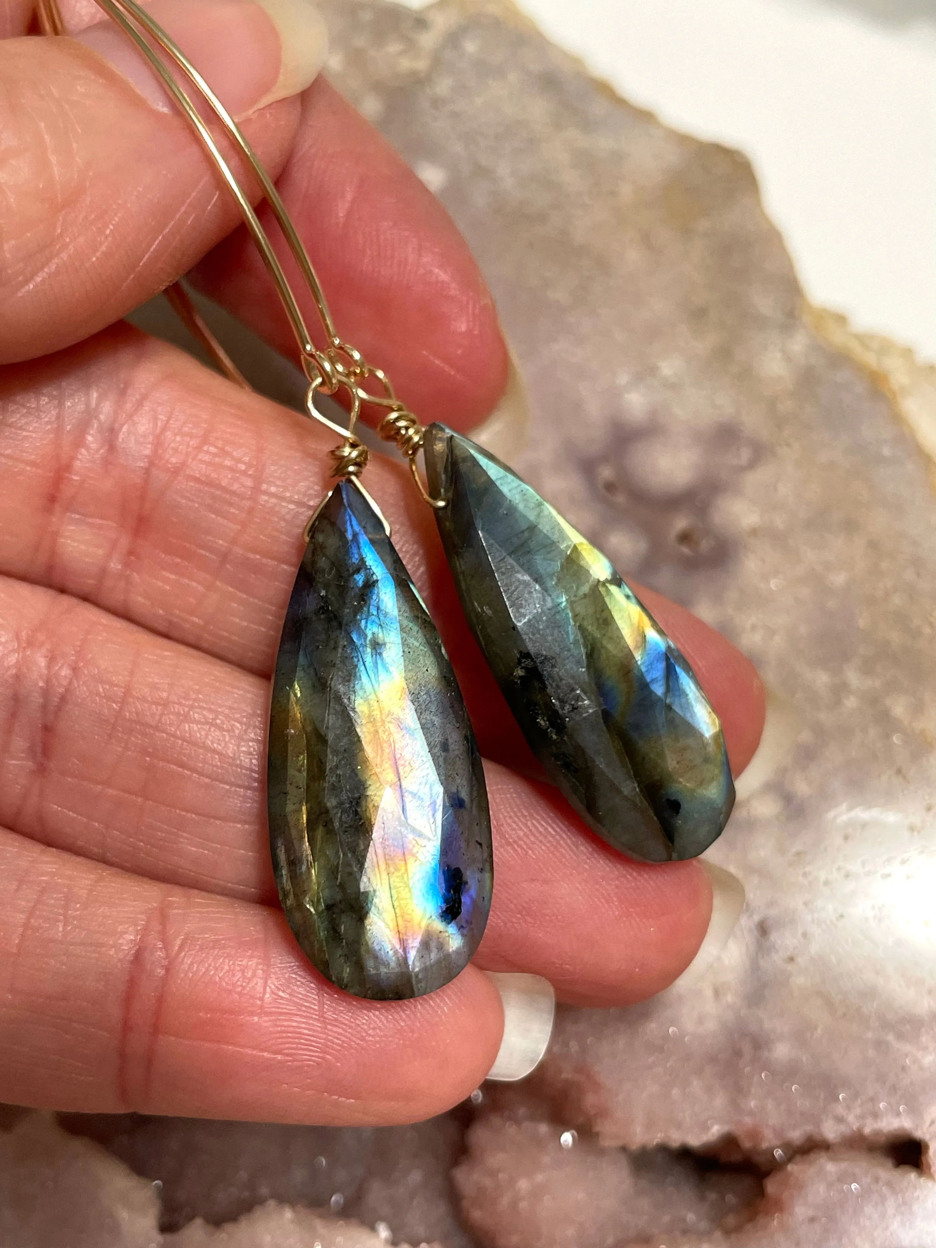 Gold Labradorite Dangle Drop Crystal Earrings