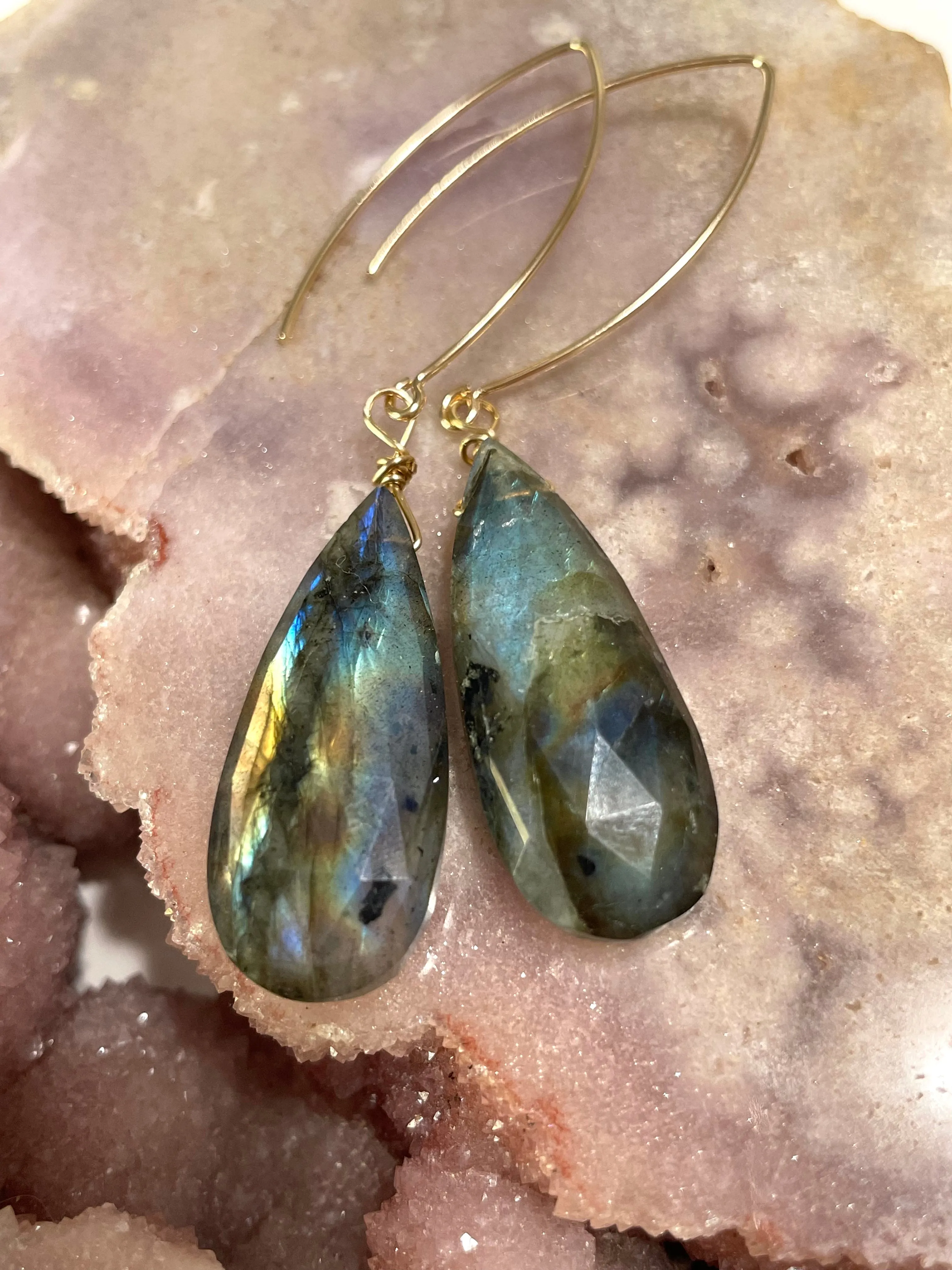 Gold Labradorite Dangle Drop Crystal Earrings
