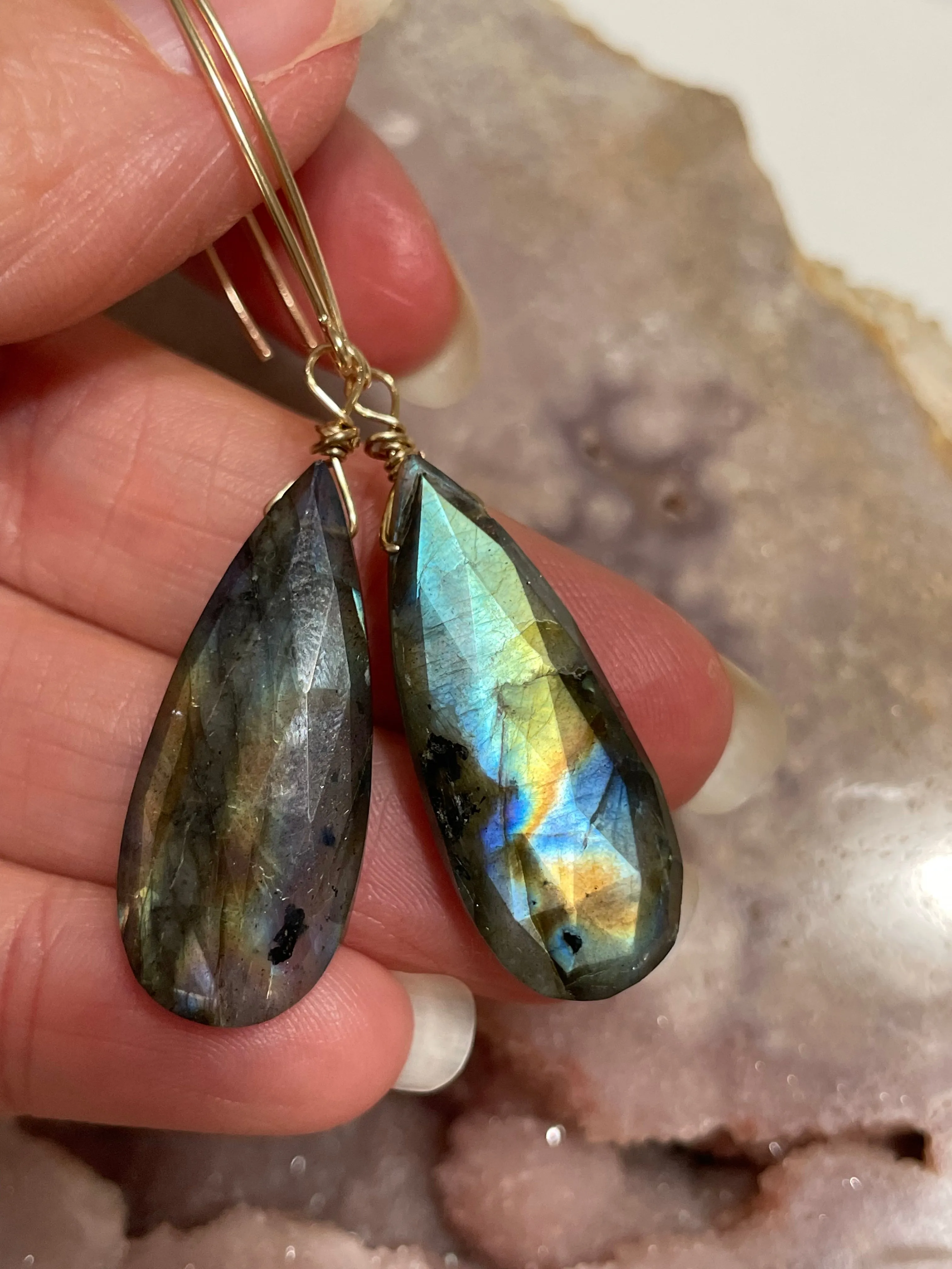 Gold Labradorite Dangle Drop Crystal Earrings