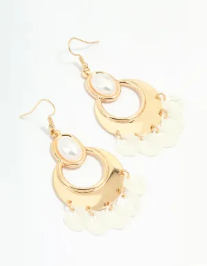 Gold Oval Pearl Petal Drop Earrings