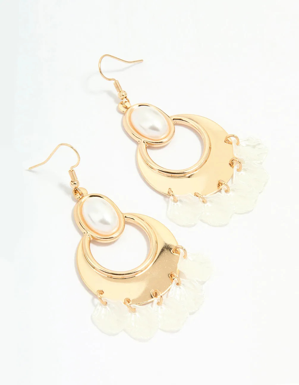 Gold Oval Pearl Petal Drop Earrings