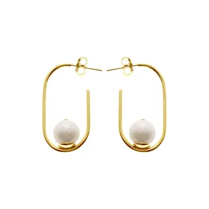 Gold plated stud top open round rectangle & pearl earrings