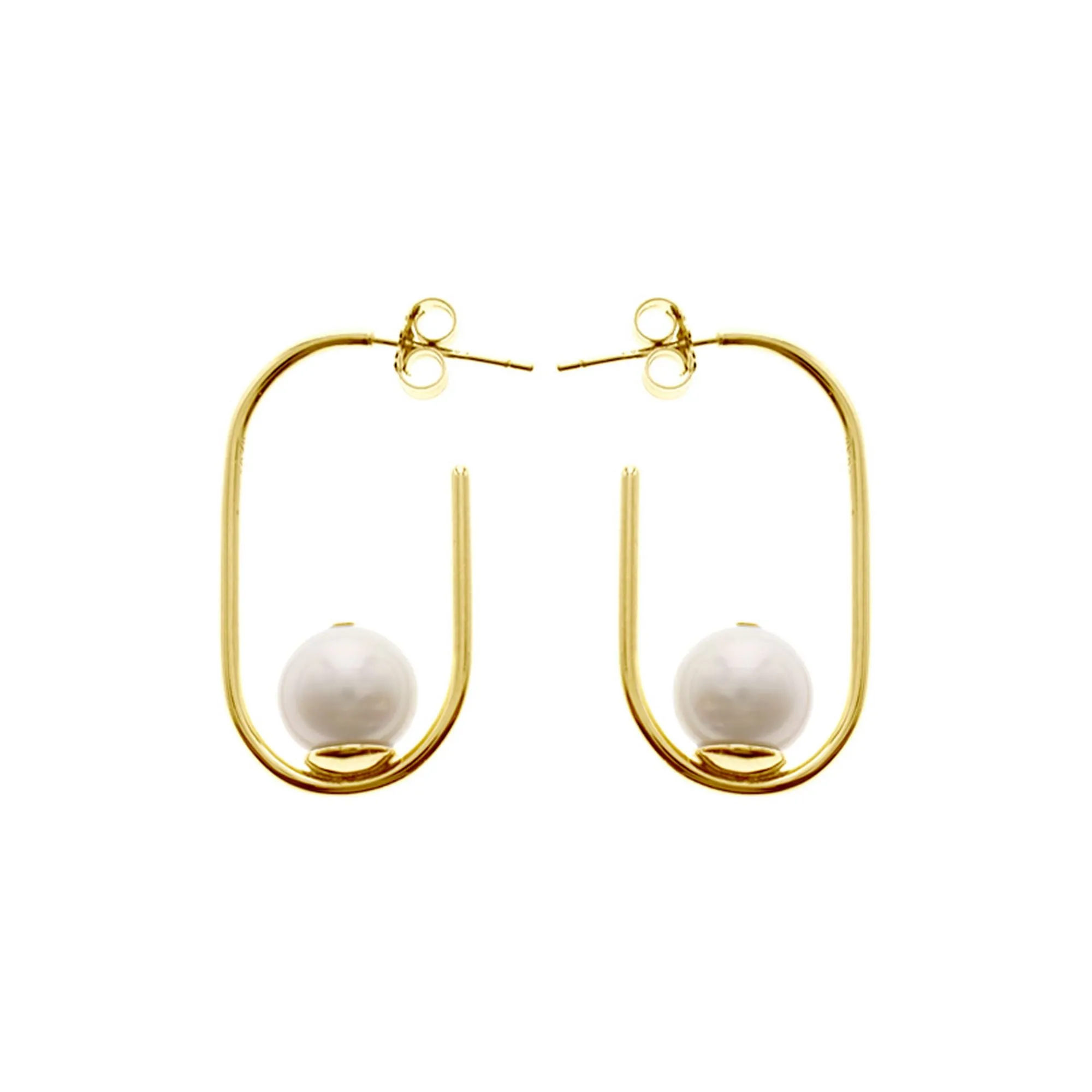 Gold plated stud top open round rectangle & pearl earrings